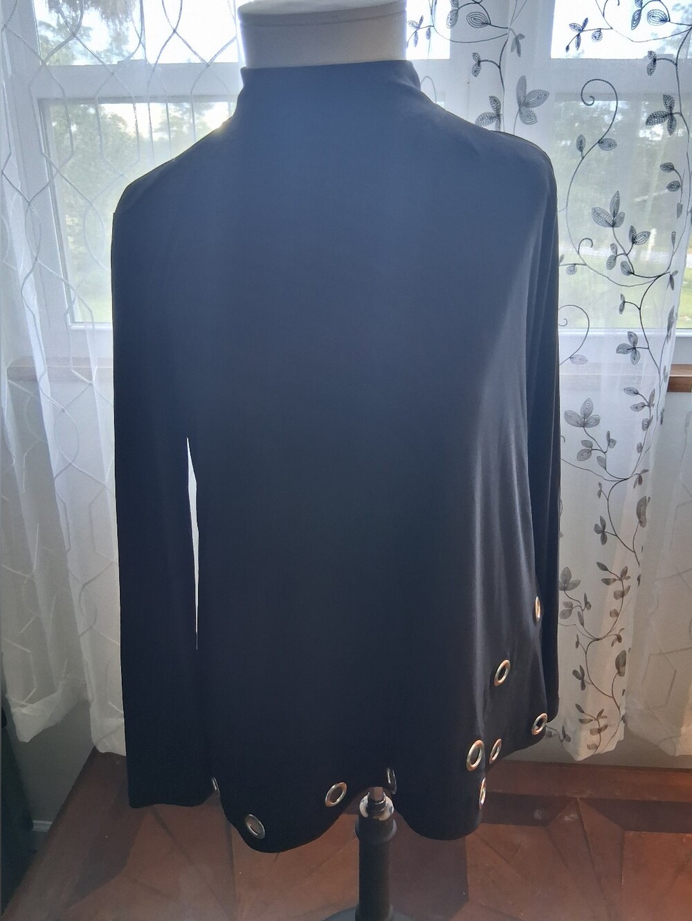 new directions Black Long Sleeve Top with Gold Eyelet Hem